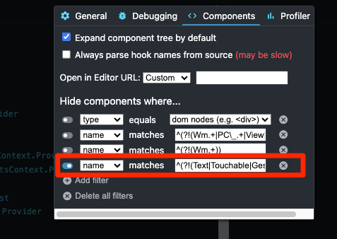 Regex To filter component tree