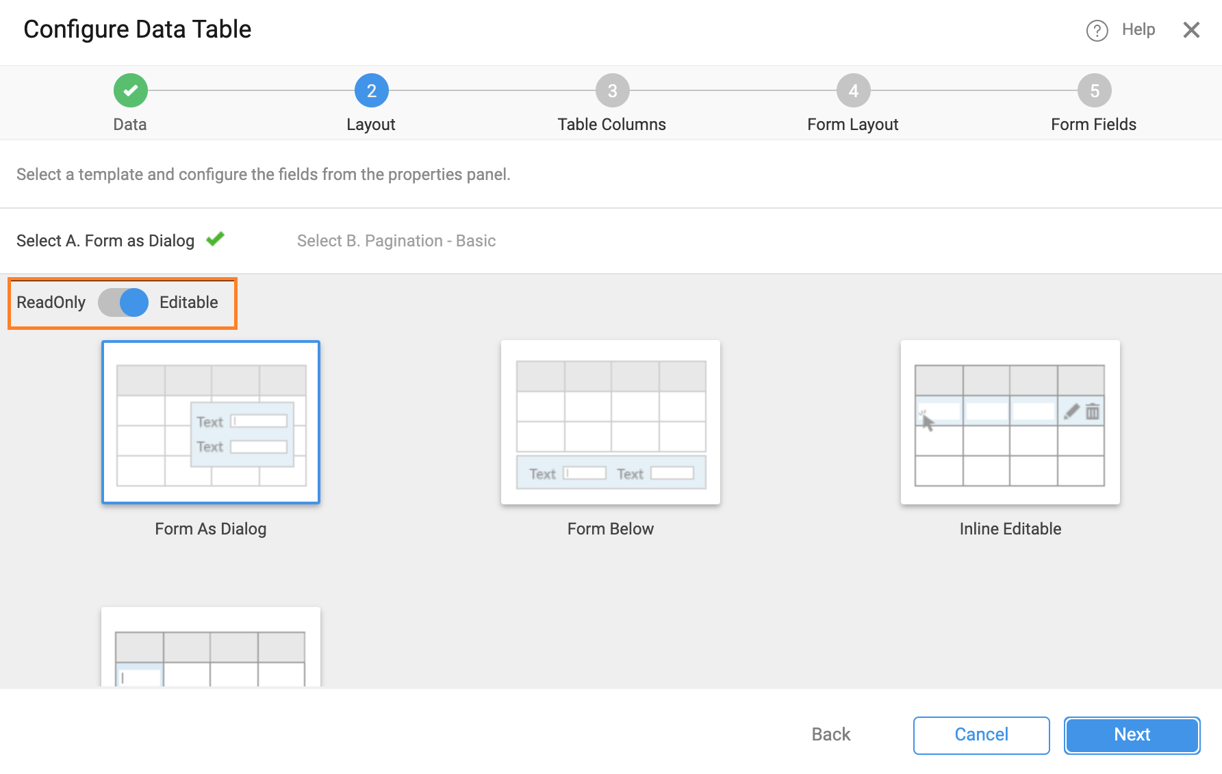 Data Table Configure Dialog Toggle